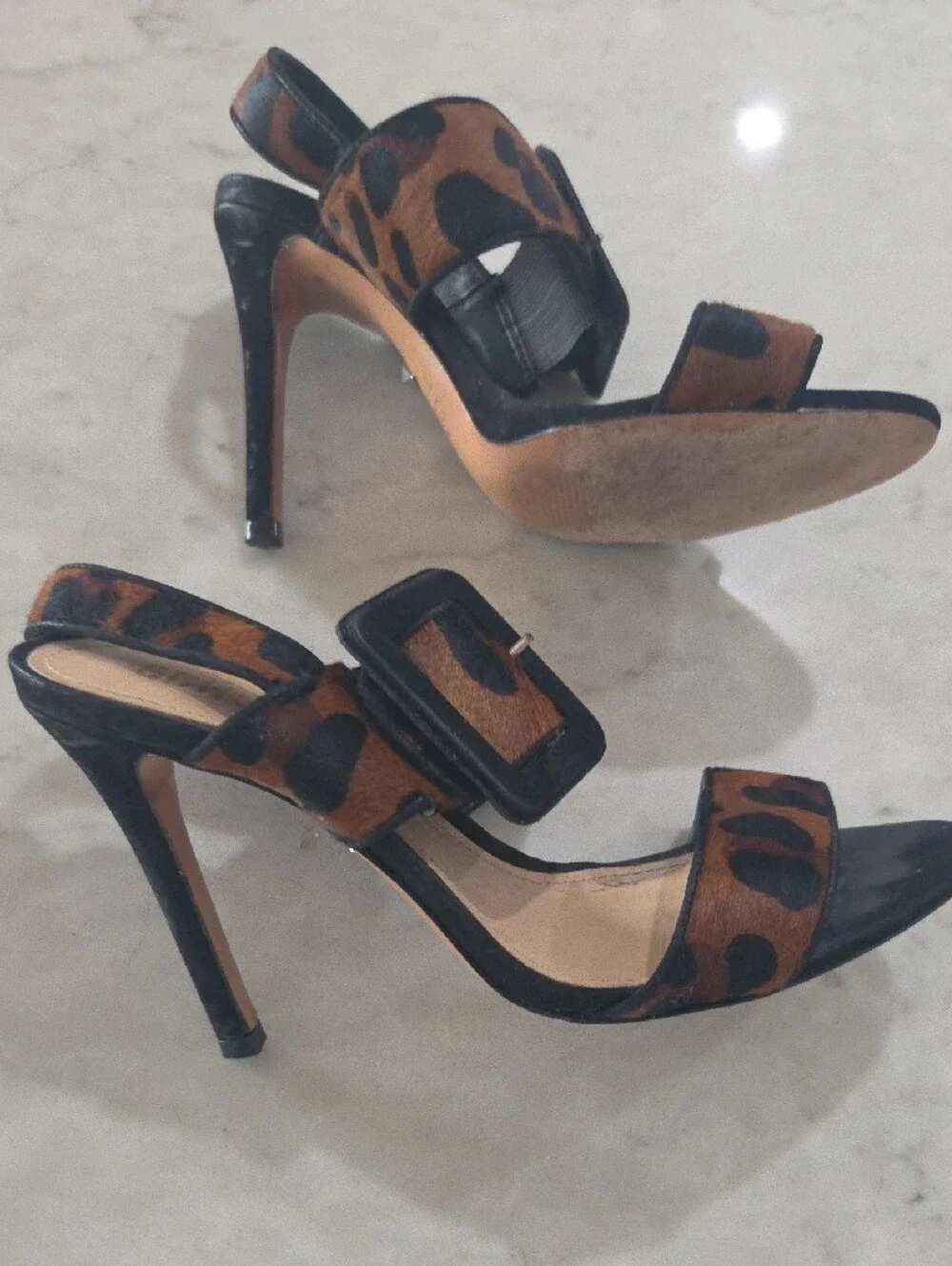 SCHUTZ Leopard Print Strappy Heels in Brown and Black